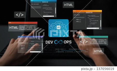Hands Typing on Keyboard Surrounded by Coding Screens Showcasing AI Development and DevOps Tools for Web Programming and HTML Projects Gluon Hands Typing on Keyboard Surrounded by Coding Screens Showcasing AI Development and DevOps Tools for Web Programming and HTML Projects Gluon 137056019