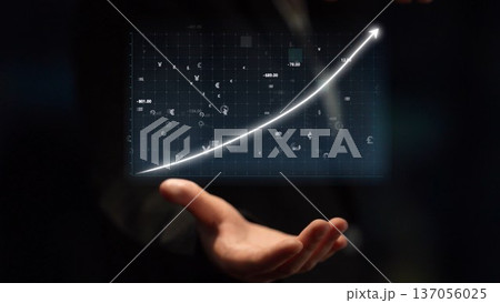 Businessman Presenting Digital Growth Chart with Financial Symbols and Data Visualizations in Modern Office Environment Copula 137056025