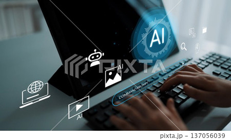 Hands typing on keyboard with AI technology symbols on screen, demonstrating innovation in digital communication and automation in the modern workspace Gluon Hands typing on keyboard with AI technology symbols on screen, demonstrating innovation in digital communication and automation in the modern workspace Gluon 137056039