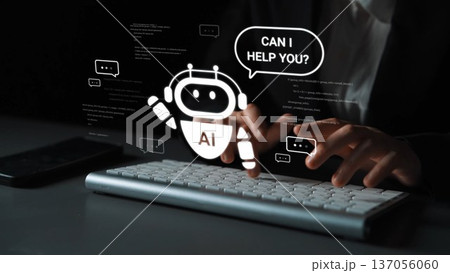 Futuristic chatbot interaction on a computer keyboard showcasing AI technology for customer support and online assistance in a dark workspace environment Gluon 137056060