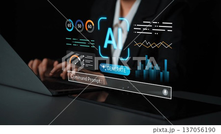 Futuristic concept of artificial intelligence and data analysis in a professional setting, showcasing user interaction with digital interface elements Gluon 137056190
