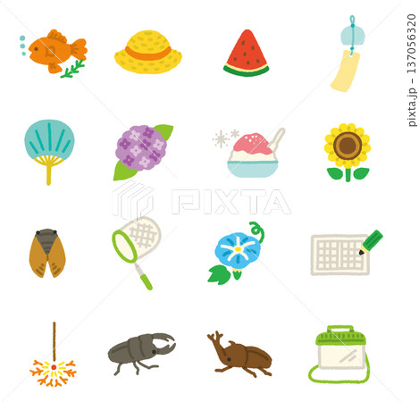 日本の夏 イラスト アイコンセット 手描き かわいい 137056320