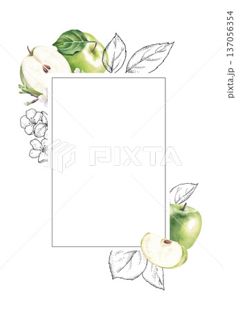 Frame with green apples, leaves and graphic elements. Watercolor hand drawn illustration isolated on white background. 137056354