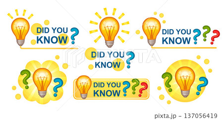 Did you know, electric light bulb lamp, question answer mark, interesting education information, important news, learning fun fact. Quick tips.  Help advice. Creative idea, thinking, knowledge vector 137056419