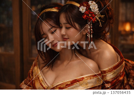 豪華な着物を纏い寄り添う二人の美しい女性の幻想的なポートレート 137056435