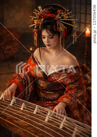豪華な着物を纏い伝統楽器の琴を奏でる美しい花魁のポートレート 137056436
