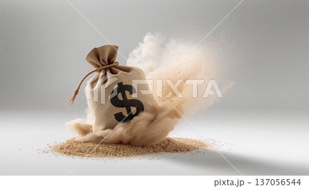 白い背景で麻袋が落ち粉塵が舞いドル記号が際立つ瞬間 137056544