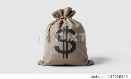 白背景で粗い麻袋に大きなドル記号が擦れた質感で写る 137056549