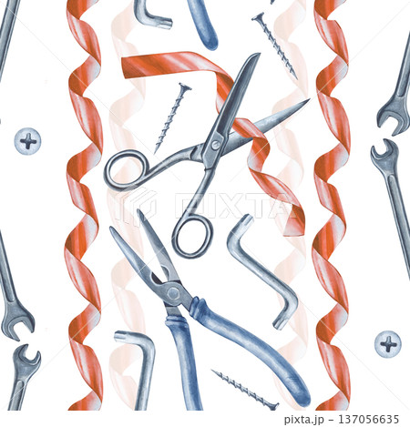 A seamless watercolor pattern with working tools on an isolated background. Vertical seamless pattern with scissors, red ribbon, pliers, wrench and self-tapping screws. A background with men's home A seamless watercolor pattern with working tools on an isolated background. Vertical seamless pattern with scissors, red ribbon, pliers, wrench and self-tapping screws. A background with men's home 137056635
