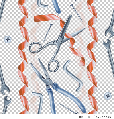A seamless watercolor pattern with working tools on an isolated background. Vertical seamless pattern with scissors, red ribbon, pliers, wrench and self-tapping screws. A background with men's home A seamless watercolor pattern with working tools on an isolated background. Vertical seamless pattern with scissors, red ribbon, pliers, wrench and self-tapping screws. A background with men's home 137056635