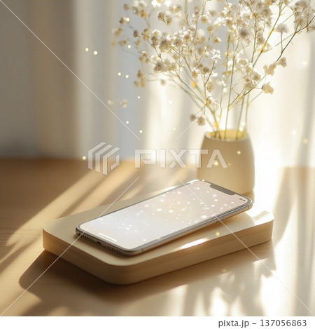 花と光が彩るナチュラルな木製スタンドに置かれたスマートフォンと穏やかな午後の光 137056863