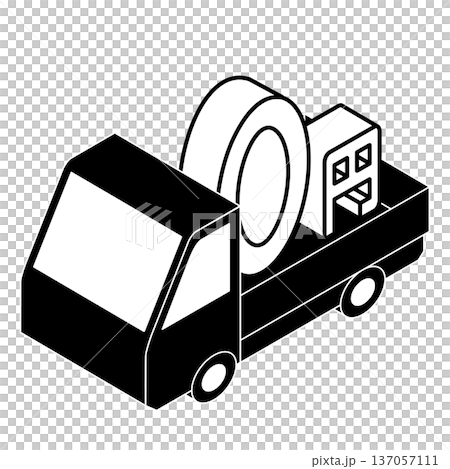 円ロゴを運ぶトラックのアイソメトリックイラスト 137057111
