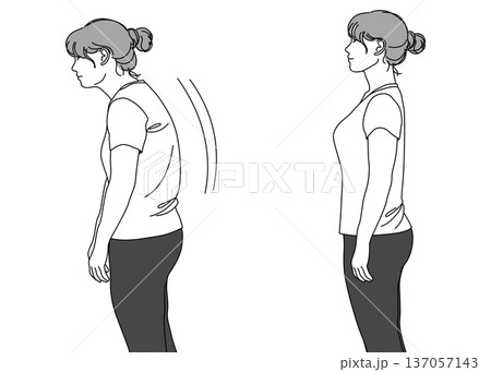 猫背の中年の女性と正しい姿勢の女性の比較イラスト 上半身横向き モノクロ 137057143