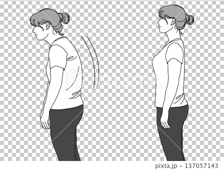猫背の中年の女性と正しい姿勢の女性の比較イラスト 上半身横向き モノクロ 137057143