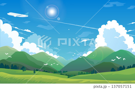 山並みと飛行機と青空と雲のイラスト_横 137057151