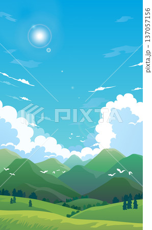 山並みと青空と雲のイラスト_縦 山並みと青空と雲のイラスト_縦 137057156