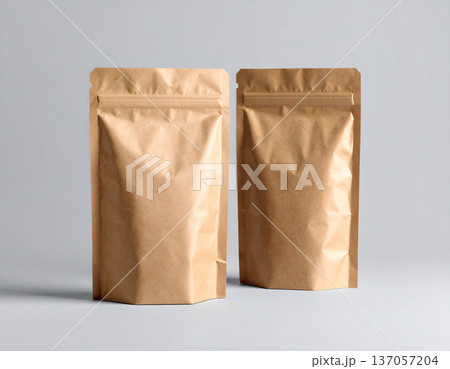 茶色い無地のパッケージ袋のモックアップサンプル　デザイン　新商品開発 137057204