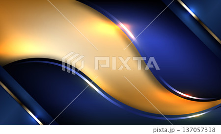 Luxury navy blue and gold abstract background with flowing metallic waves and glowing light effects for premium corporate identity and elegant invitation design 137057318