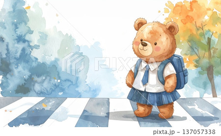Watercolor Cartoon Bear Student at Crosswalk Watercolor Cartoon Bear Student at Crosswalk 137057338