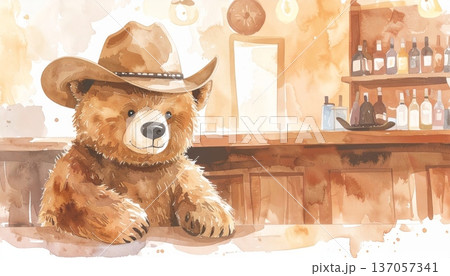 Watercolor Cartoon Bear in Cowboy Bar Watercolor Cartoon Bear in Cowboy Bar 137057341