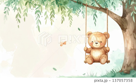 Watercolor Cartoon Bear on Swing Under Willow Tree 137057358