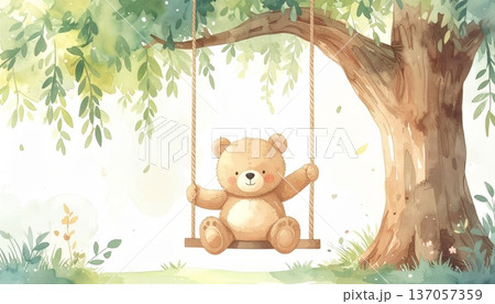 Watercolor Cartoon Bear on Swing Under Willow Tree 137057359