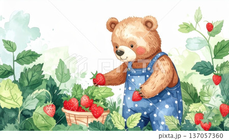 Watercolor Cartoon Bear Picking Strawberries Watercolor Cartoon Bear Picking Strawberries 137057360