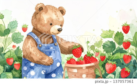 Watercolor Cartoon Bear Picking Strawberries 137057361