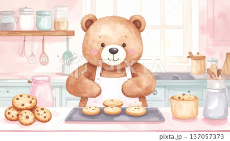 Watercolor Cartoon Bear Baking Cookies in Pastel Kitchen 137057373