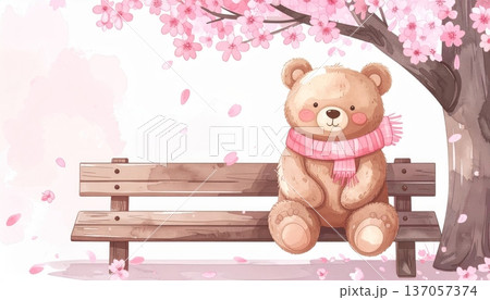 Watercolor Cartoon Bear Sitting Under Sakura Tree Watercolor Cartoon Bear Sitting Under Sakura Tree 137057374