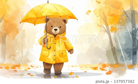 Watercolor Cartoon Bear in Yellow Raincoat Walking in Rain Watercolor Cartoon Bear in Yellow Raincoat Walking in Rain 137057382