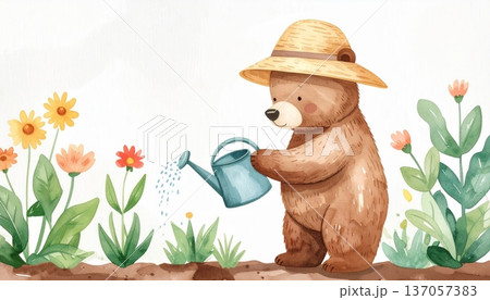 Watercolor Cartoon Bear Watering Flowers in Farm Garden 137057383