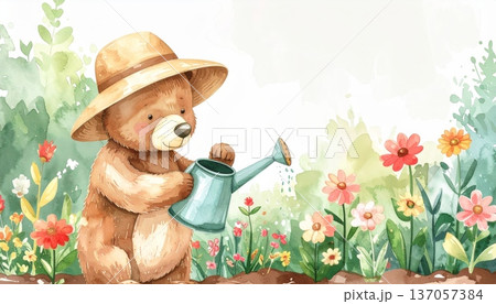Watercolor Cartoon Bear Watering Flowers in Farm Garden 137057384