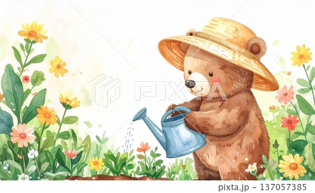 Watercolor Cartoon Bear Watering Flowers in Farm Garden 137057385