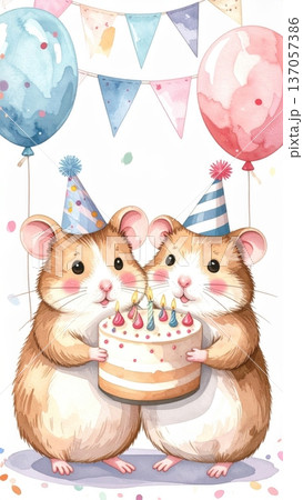 Cute Watercolor Cartoon Hamster Birthday Party Cute Watercolor Cartoon Hamster Birthday Party 137057386