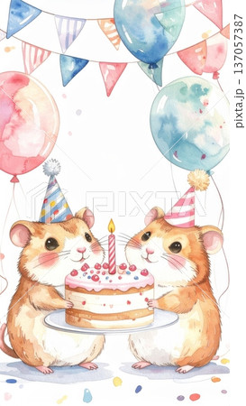 Cute Watercolor Cartoon Hamster Birthday Party Cute Watercolor Cartoon Hamster Birthday Party 137057387