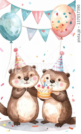 Cute Watercolor Cartoon Sea Otter Birthday Party Cute Watercolor Cartoon Sea Otter Birthday Party 137057390