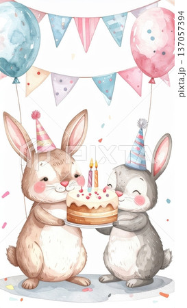 Cute Watercolor Cartoon Rabbit Birthday Party 137057394