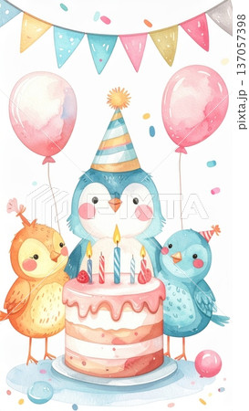 Cute Watercolor Cartoon Bird Birthday Party 137057398