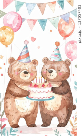 Cute Watercolor Cartoon Bear Birthday Party 137057403