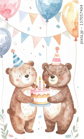 Cute Watercolor Cartoon Bear Birthday Party 137057404