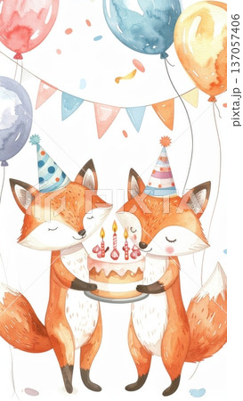 Cute Watercolor Cartoon Fox Birthday Party Cute Watercolor Cartoon Fox Birthday Party 137057406