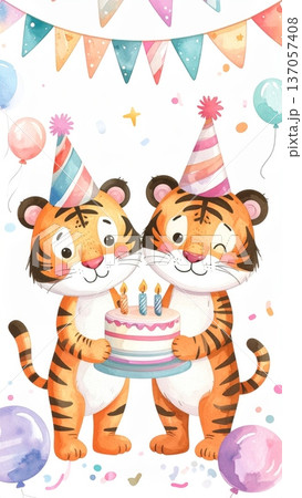 Cute Watercolor Cartoon Tiger Birthday Party Cute Watercolor Cartoon Tiger Birthday Party 137057408