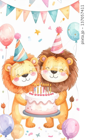 Cute Watercolor Cartoon Lion Birthday Party Cute Watercolor Cartoon Lion Birthday Party 137057411