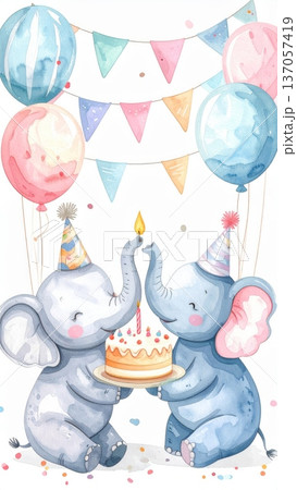 Cute Watercolor Cartoon Elephant Birthday Party Cute Watercolor Cartoon Elephant Birthday Party 137057419