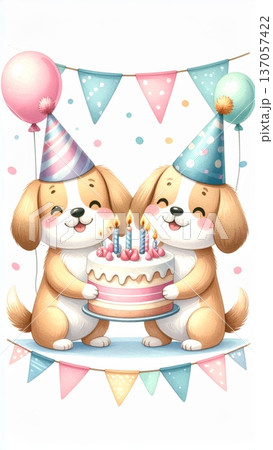 Cute Watercolor Cartoon Dog Birthday Party Cute Watercolor Cartoon Dog Birthday Party 137057422