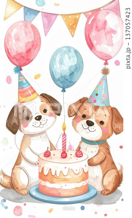 Cute Watercolor Cartoon Dog Birthday Party 137057423
