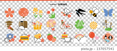 春季彩色圖示集 | 花卉、入口、畢業典禮、櫻花、油菜花、梅花 | 扁平向量素材 137057541