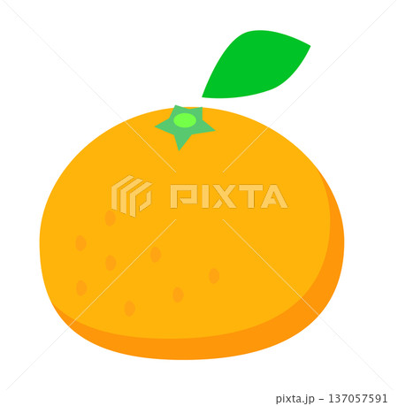可愛い葉っぱ付きみかんのイラスト。ポップでシンプルな冬の果物・フルーツ素材。ベクター・白背景。 137057591