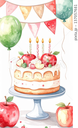 Watercolor Apple Birthday Cake with Whipped Cream, Fresh Apples, Party Flags, and Balloons Watercolor Apple Birthday Cake with Whipped Cream, Fresh Apples, Party Flags, and Balloons 137057681